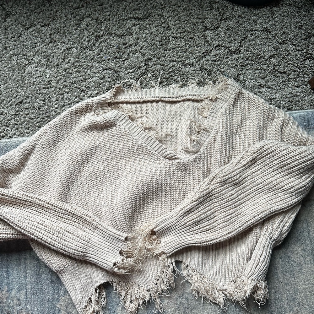 Frayed Hem Beige Sweater